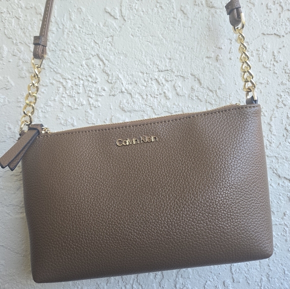 Calvin Klein Handbags - Calvin Klein Pebbled Crossbody Bag – Taupe Brown – Gold Chain Strap